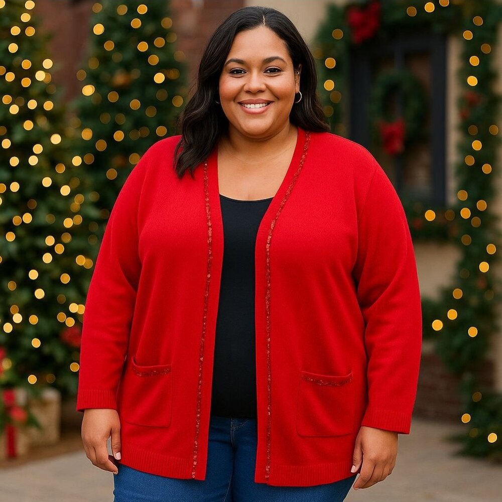 Avenue Holiday Red Cardigan Sweater Women’s Size 4X Plus Sequin Trim Open Front